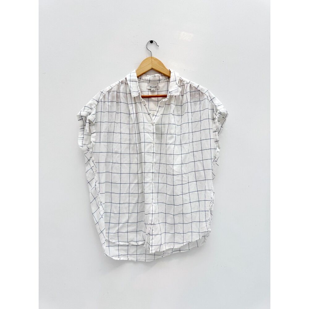Madewell White Navy Windowpane Check Popover Top Short Sleeve Size M